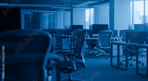 Empty Modern Office Workstations in Blue Evening Light
