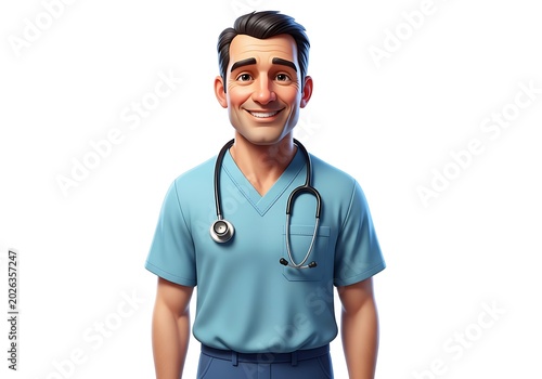Smiling Male Doctor Wearing Blue Scrubs and Stethoscope on White Background