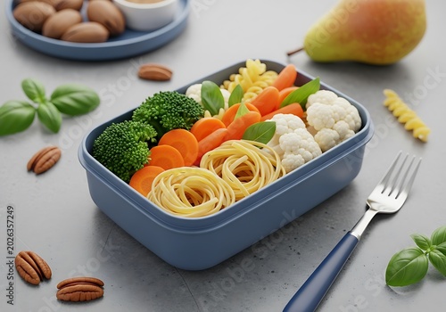 Colorful Pasta and Vegetable Lunch Box Arranged on Gray Kitchen Table