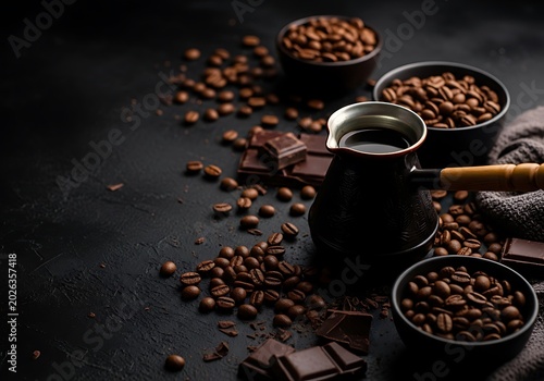 Dark Turkish Coffee Pot Surrounded by Roasted Coffee Bean and Chocolate on Rustic Table