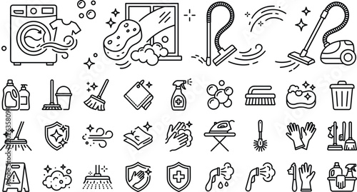 Bild auf Leinwand Cleaning and sanitation line icon collection featuring vacuum washing supplies h