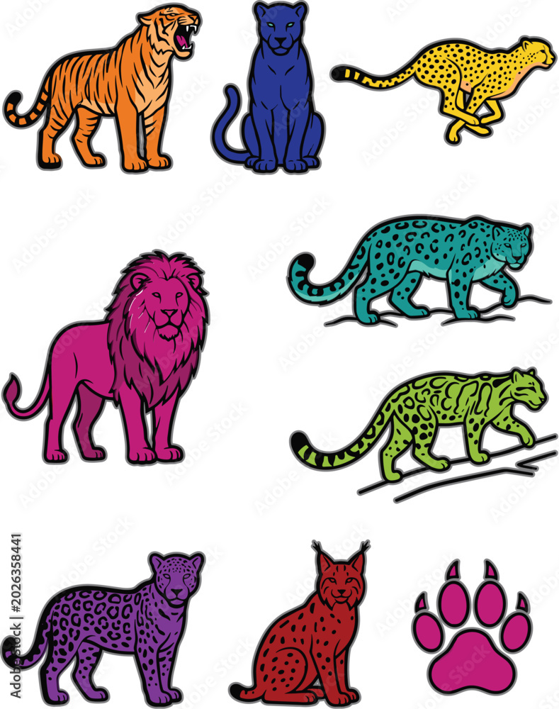 Obraz premium Vibrant Big Cat Wildlife Illustration Set Featuring Tigers, Leopards, Lions, Panthers, and Colorful Jungle Predator Animal Icons