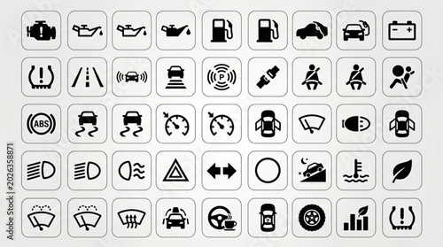 Collection of Car Dashboard Warning Indicator Symbols.