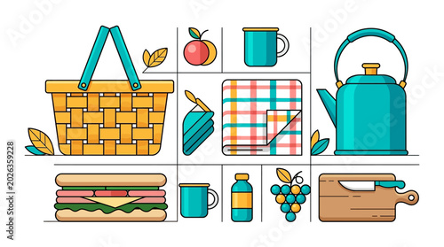 Billede på lærred Summer Picnic Flat Vector Illustration Set with Wicker Basket Kettle Sandwich an