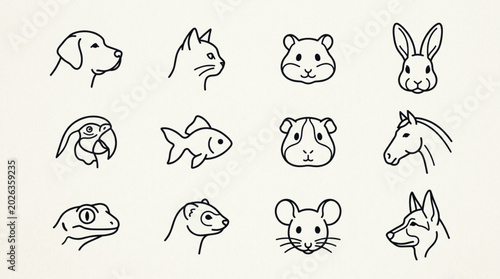 Collection of Hand Drawn Animal Portraits in Simple Sketch Style.