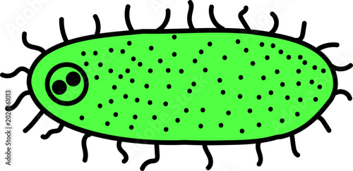 Obraz na płótnie Green single-celled microorganism with cilia and internal structures, cartoon illustration of a bacterium or protozoan