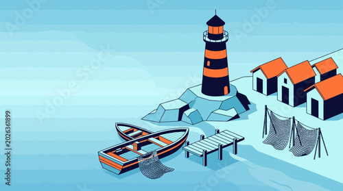 Tableau sur toile Isometric Coastal Landscape Illustration with Lighthouse, Fishing Boats, and Sea