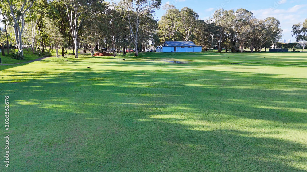 Fototapeta premium Wide Angle View of Sunlit Green Park with Trees in Gold Coast Australia