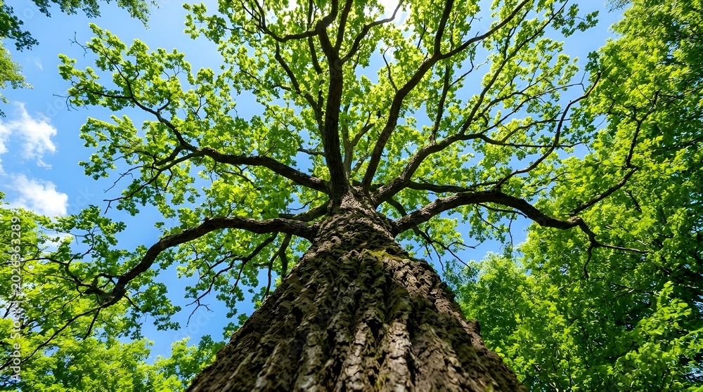 Fototapeta premium Low Angle View of Majestic Tree Canopy Reaching Toward Blue Sky