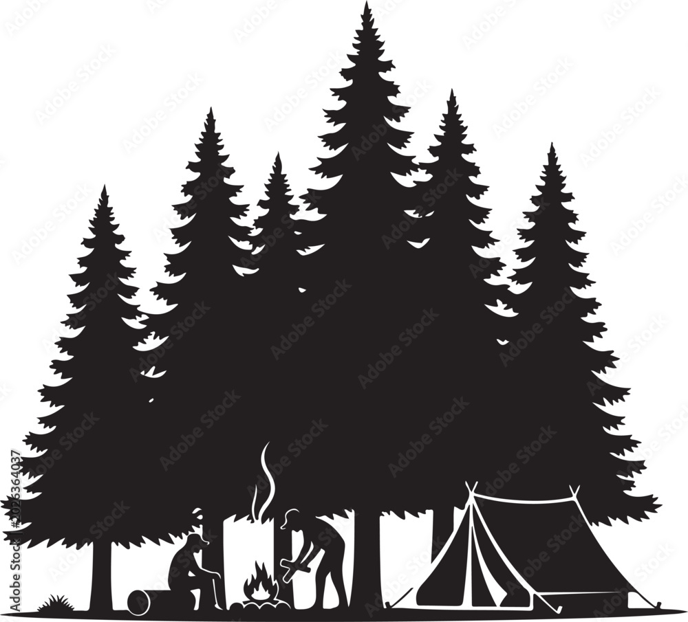 Obraz premium Black silhouette of people camping in forest with trees tent