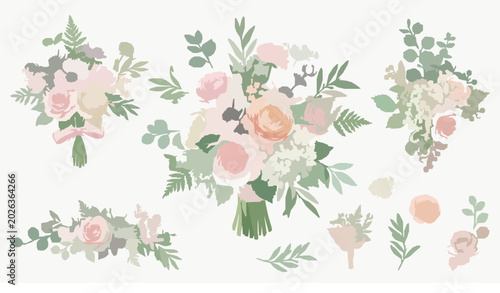 Bild auf Leinwand Watercolor floral wedding bouquet vector with roses and hydrangea isolated on wh