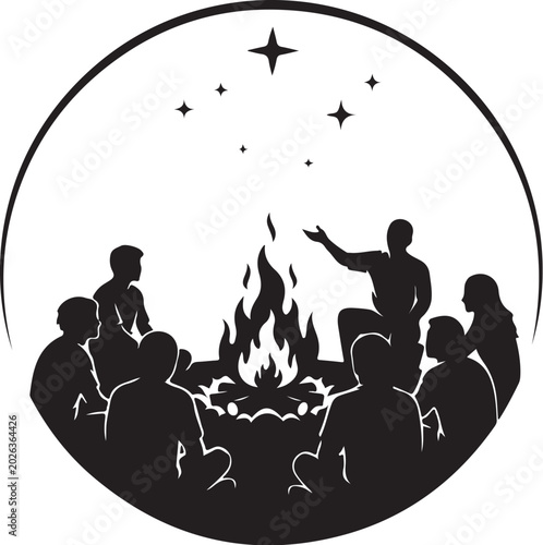 Black silhouette people sitting around campfire at night