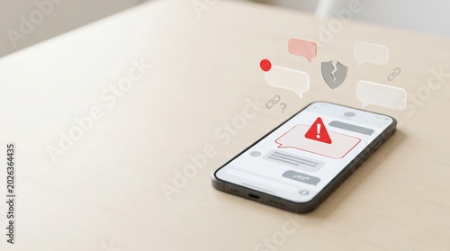 Mobile Phishing Scam Alert Concept with Smartphone Warning Message Broken Shield and Copy Space