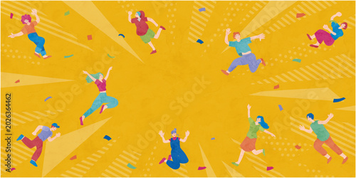 黄色背景でジャンプする楽しそうな人々の祝いイラスト背景