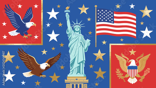 Foto A patriotic illustration featuring the Statue of Liberty, American flags, bald eagles, and stars against a blue background with red accents