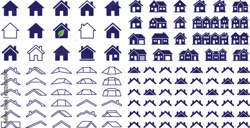 Billede på lærred Stylized house and roof icons featuring architectural silhouettes, eco‑friendly