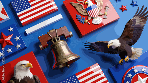 Foto A vibrant patriotic collage featuring American symbols like the Liberty Bell, bald eagles, and the US flag, set against a bold blue background