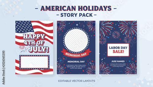 Canvastavla American Holidays Story Pack featuring 4th of July, Memorial Day, and Labor Day designs with fireworks and patriotic elements