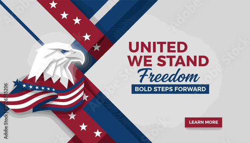 Photos Patriotic American Eagle with US Flag and United We Stand Freedom Bold Steps Forward text