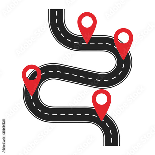 winding road illustration with map markers vector graphic