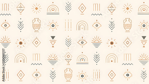 Bohemian abstract geometric symbols and patterns in earthy tones