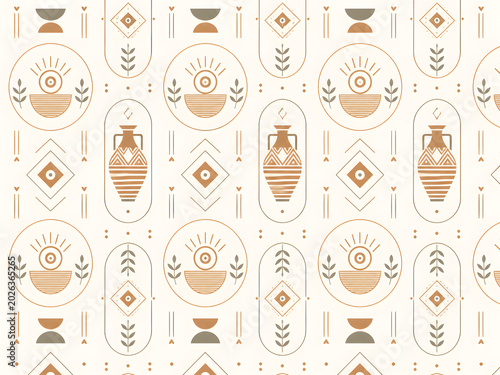 Bohemian geometric pattern with ancient amphorae and sun symbols