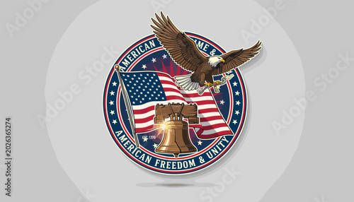 Tableau sur toile An American eagle soars over the Liberty Bell and the Stars and Stripes flag, symbolizing freedom and unity