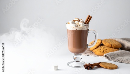 Hot chocolate with marshmallows and cinnamon sticks in a cozy cup