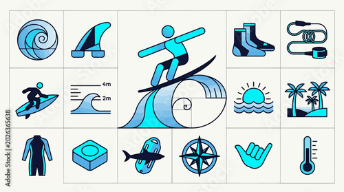 Foto Surfing Icon Set with Professional Surf Equipment and Tropical Beach Elements; F