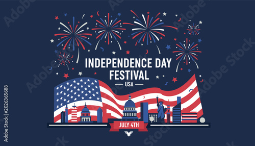 Foto Vibrant Independence Day Festival USA illustration featuring fireworks, iconic landmarks, and the American flag