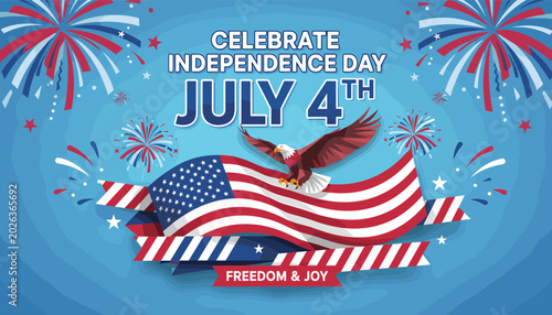 Foto Celebrate Independence Day July 4th with an American flag, eagle, and fireworks, symbolizing freedom and joy