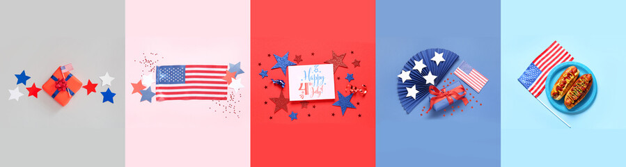 Collage of USA flags with gifts, greeting card and hot dogs on color background. Independence Day celebration