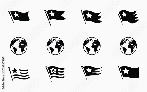 Tableau sur toile Collection of minimalist black vector flags and globes on white background for g