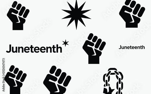 Tableau sur toile Juneteenth celebration symbols and icons featuring fists and broken chains on wh