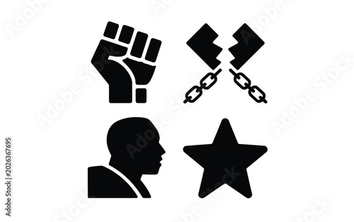 Foto Juneteenth celebration symbols black icons set fist broken chains silhouette sta