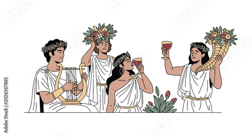 Group of ancient Greek characters in white tunics playing a lyre, drinking wine, and celebrating with a horn of plenty.
