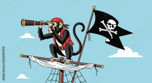 Fototapeta samoprzylepna Fun illustration of a monkey dressed as a pirate looking through a telescope from the mast of a ship with a Jolly Roger flag.