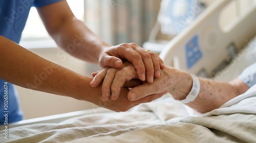 Compassionate HandHolding Support for Patient in Hospital Bed.