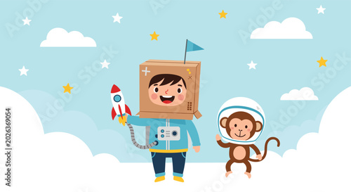 Creative young boy playing in a cardboard box astronaut suit alongside his monkey friend in a space helmet amidst clouds and stars.