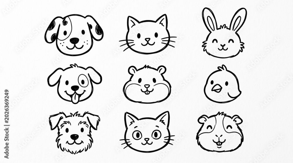 Obraz premium Collection of Cute Hand Drawn Animal Faces for Pets.