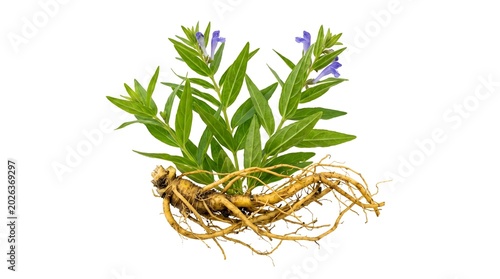 Fresh whole Chinese Skullcap (Scutellaria baicalensis) plant including roots and flowers, isolated on white background.