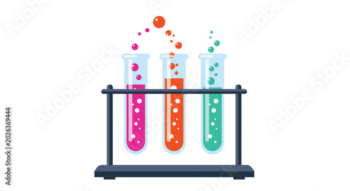 Three glass test tubes filled with pink, orange, and blue liquids sit in a black rack with bubbles rising from the tops.