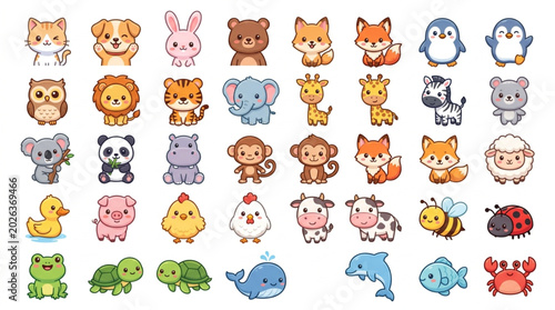 Collection of Cute Cartoon Animals in Rows.