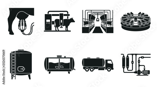Dairy farm automation equipment for milk production and processing icons PNG Isolated on transparent background