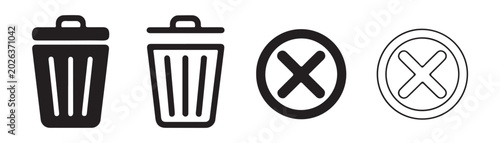 Photos Set of four trash can and cross mark icons isolated on transparent background for web user interface