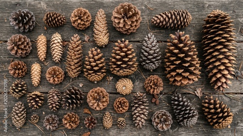 Pinecones Collection of Various Sizes on Rustic Wooden Table