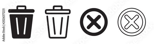 Fotografía Set of black trash bin icons and cross symbols representing deletion and removal on transparent canvas