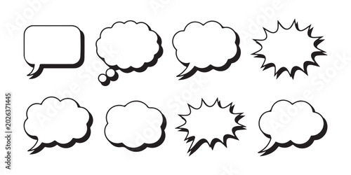 Set of comic speech bubbles and thought clouds with shadow effects for graphic design messaging elements.
