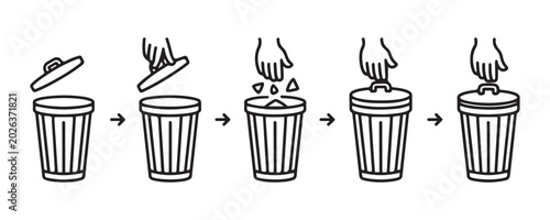 Tableau sur toile How to throw trash in garbage can icon, trash bin open and closed with hand throwing waste