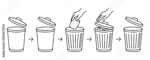 Photos How to put trash in garbage can icon, trash bin open and closed with hand inserting garbage